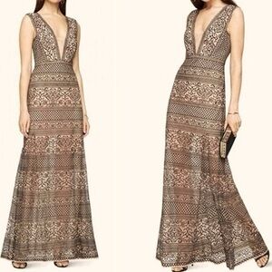 BCBG MaxAzria Aurora Embroidered Sheer Mesh Lace Detail Tulle Underlay Gown Goth